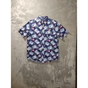 Chaps Button Shirt Mens L Nautical Stamp Print Short Sleeve Fishing Boating